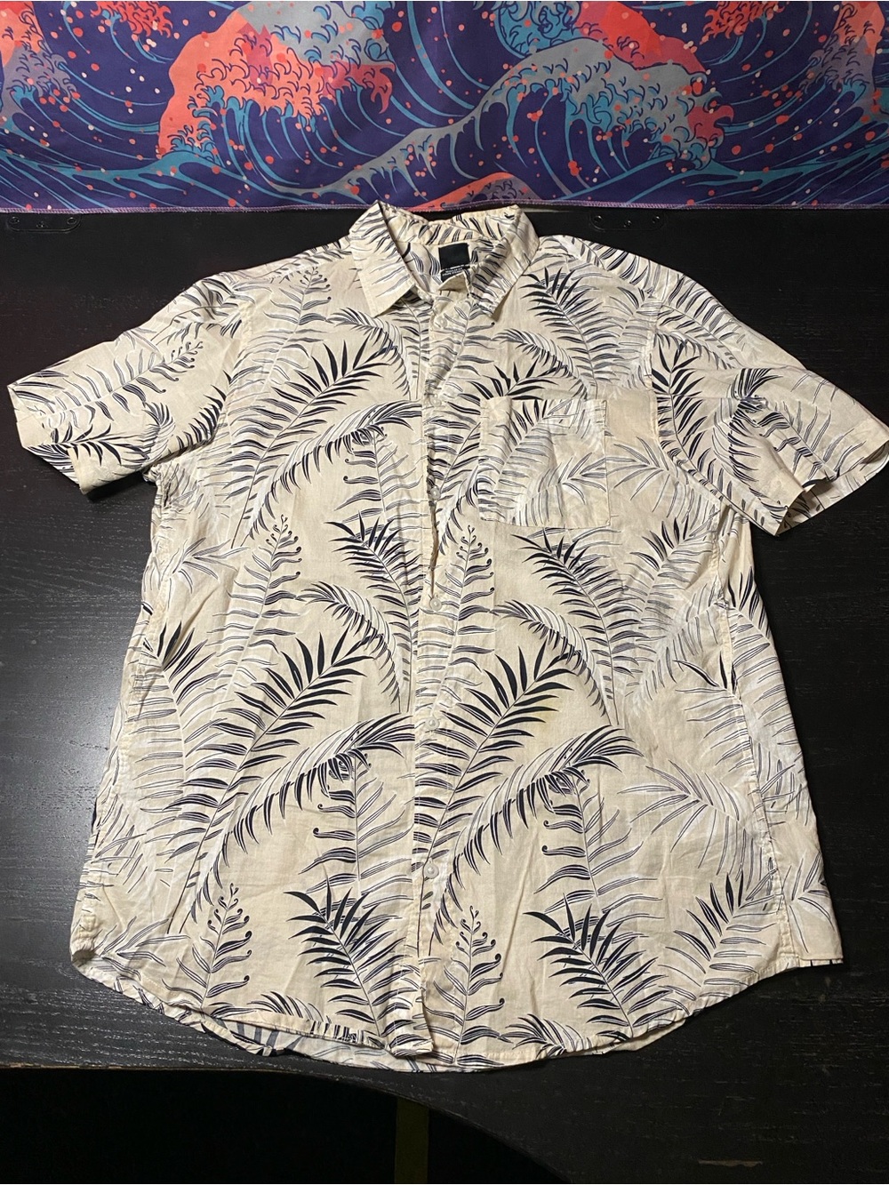 H&M Cream Short-Sleeve Palm Leaf Button-Down Shirt
